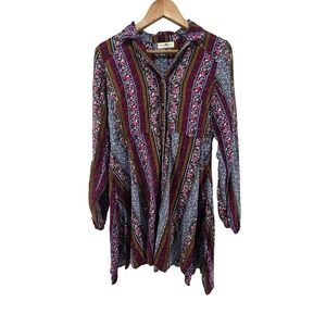 Natural Life Boho Patchwork Tunic Shirt Dress Small Floral Stripe Rayon